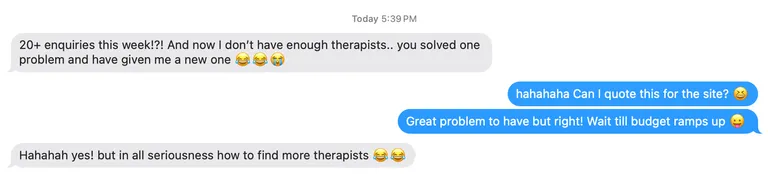 Text message conversation discussing an increase in inquiries and the need for more therapists