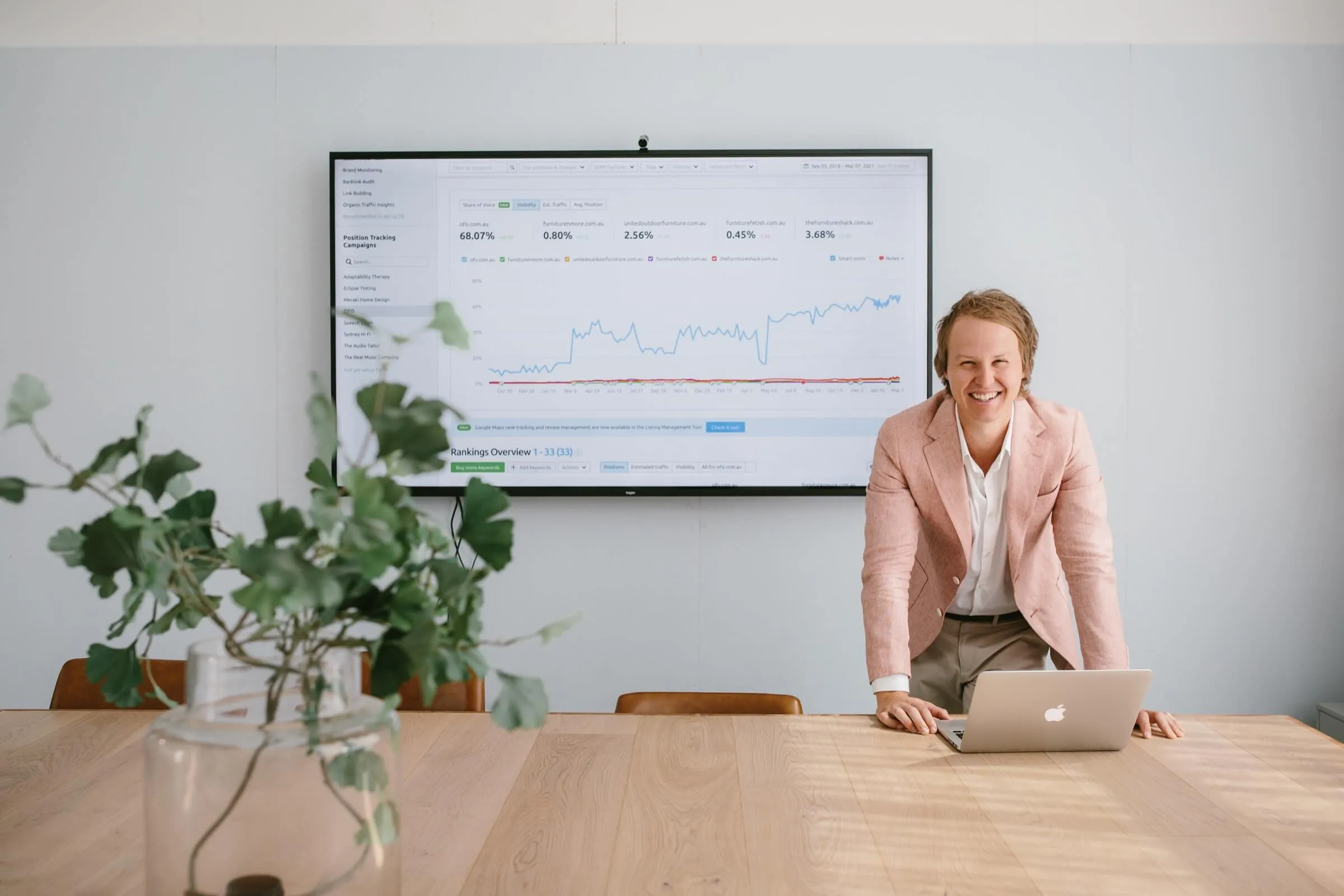Casey Jones, founder of CJ&CO, in front of a screen showing website traffic growth