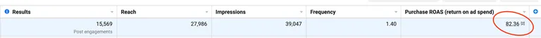 Facebook Ads results table showing an 82.36 purchase return on ad spend