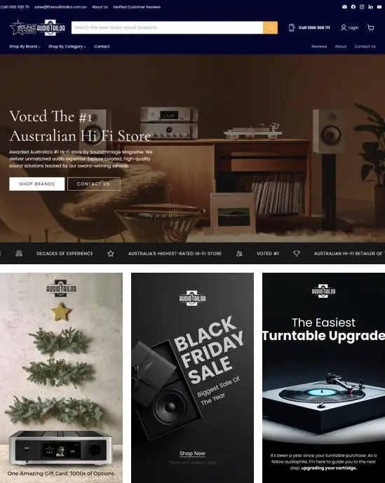 The Audio Tailor brand across four pieces by CJ&CO: the website homepage (Voted The #1 Australian Hi Fi Store), a gift card ad, a Black Friday sale email and a turntable upgrade email