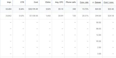 Google Ads campaigns for a CJ&CO client: 869 conversions from $28,199.49 at $32.45 each with 348 phone calls, and 294 conversions from $7,108 at $24.18 each