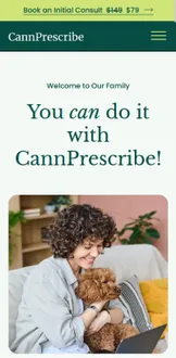 CannPrescribe website, A woman is sitting on a computer with a dog on her lap.
