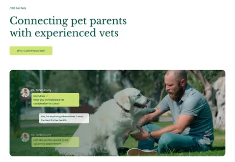 CannPrescribe website, A man sitting on grass with a dog.