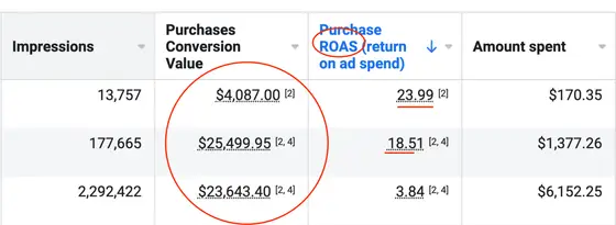 Meta Ads Manager table for a CJ&CO ecommerce client: three ad sets returned $4,087.00, $25,499.95 and $23,643.40 in purchase conversion value from $170.35, $1,377.26 and $6,152.25 spent, a purchase ROAS of 23.99, 18.51 and 3.84