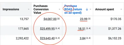 Meta Ads Manager table for a CJ&CO ecommerce client: three ad sets returned $4,087.00, $25,499.95 and $23,643.40 in purchase conversion value from $170.35, $1,377.26 and $6,152.25 spent, a purchase ROAS of 23.99, 18.51 and 3.84