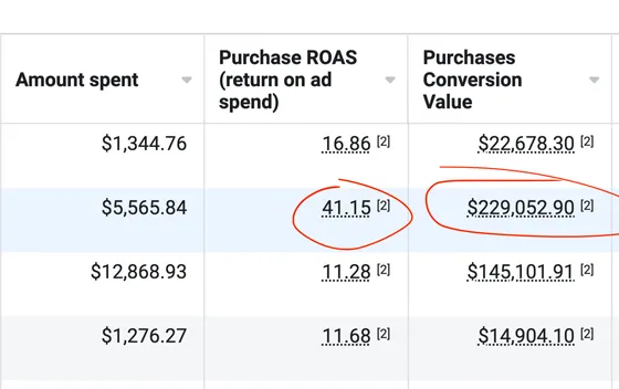 Meta Ads Manager table for a CJ&CO client: $5,565.84 spent at a 41.15 purchase return on ad spend, bringing in $229,052.90 in purchase conversion value