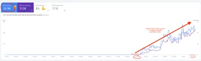 Google Search Console performance for a CJ&CO ecommerce client: 24.9K total clicks, 312K impressions, 8% average click-through rate and an average position of 17.8, rising from zero where the campaign started
