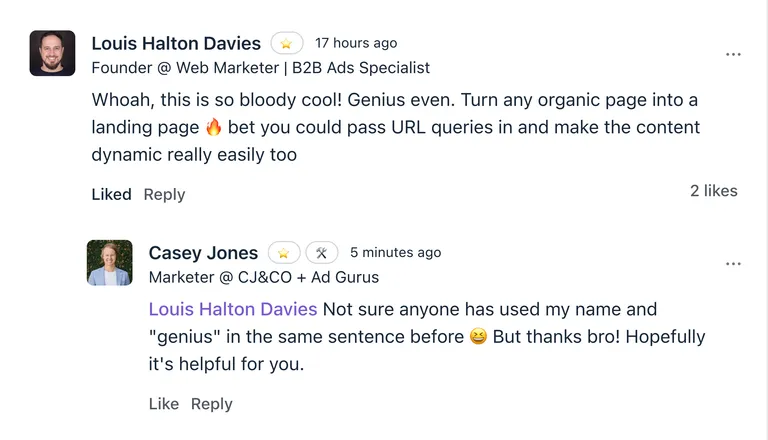 Comment from a fellow marketer praising a CJ&CO landing page technique
