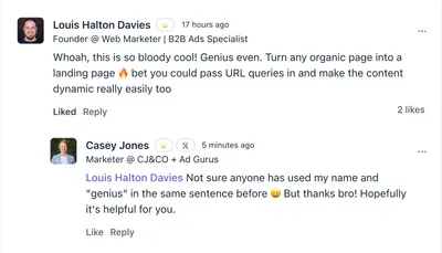 Comment from Louis Halton Davies, founder of Web Marketer, calling a CJ&CO landing page technique genius, with Casey Jones replying