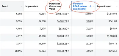 Meta Ads Manager table for a CJ&CO client: six campaigns with purchase ROAS from 4.25 to 12.09, led by $19,571.53 in purchase conversion value from $1,618.94 in spend