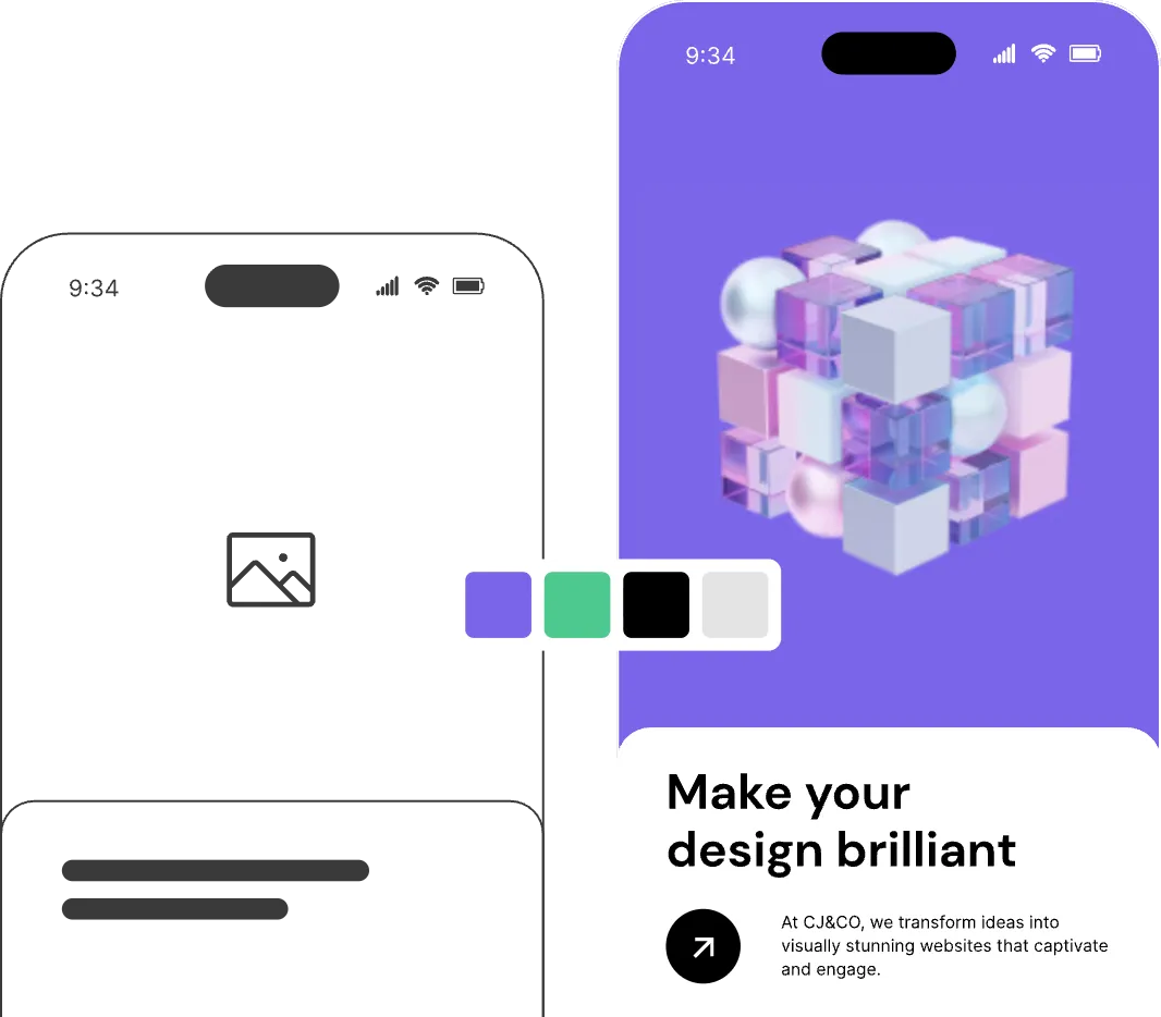 A wireframe beside the finished mobile design of a website