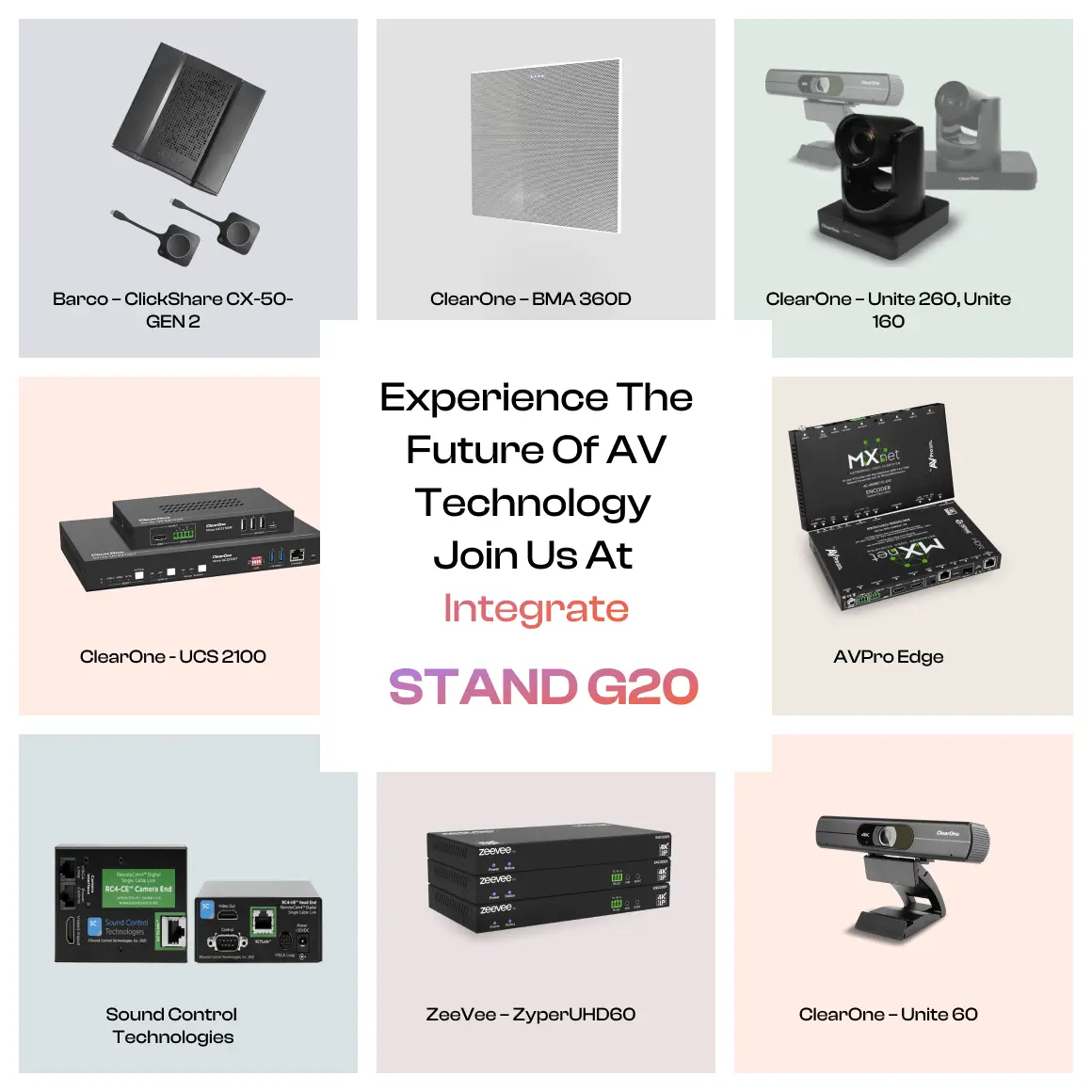 Collage of various audiovisual technology products like cameras, speakers, and mixers, featured at Integrate Expo with labels for each item.