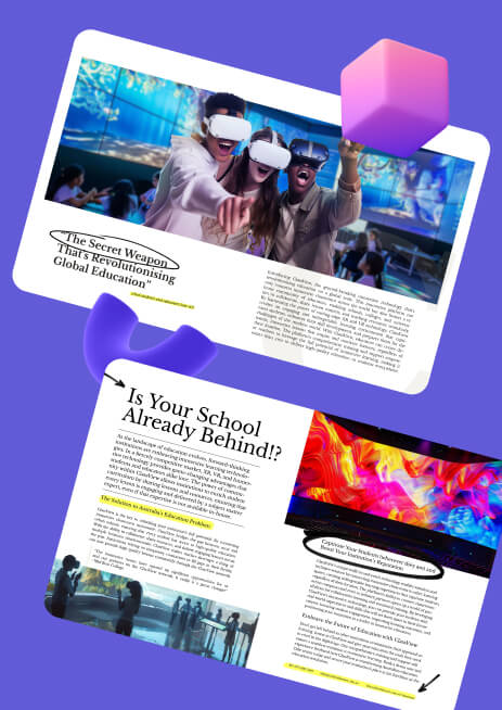 A digital magazine layout on a purple background, featuring two pages with articles and photos about advancements in global education and questioning if schools are keeping up with technological progress.