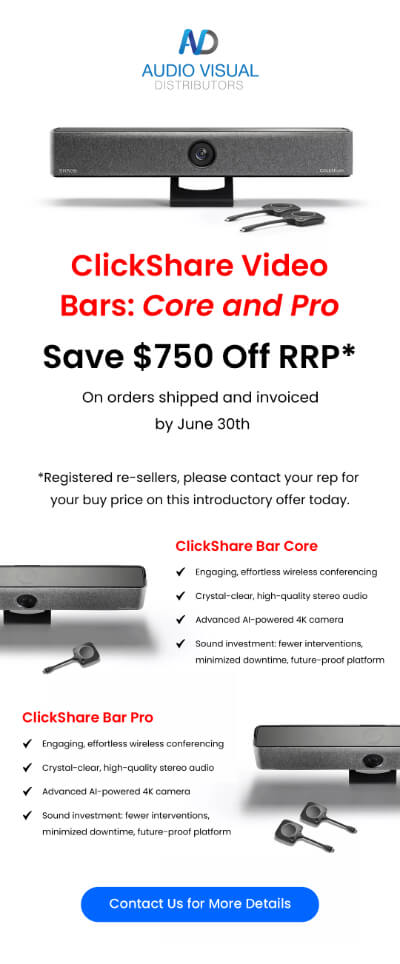Advertisement for Audio Visuals offering $750 off on Core and Pro soundbars, with contact details and promotional offer details.
