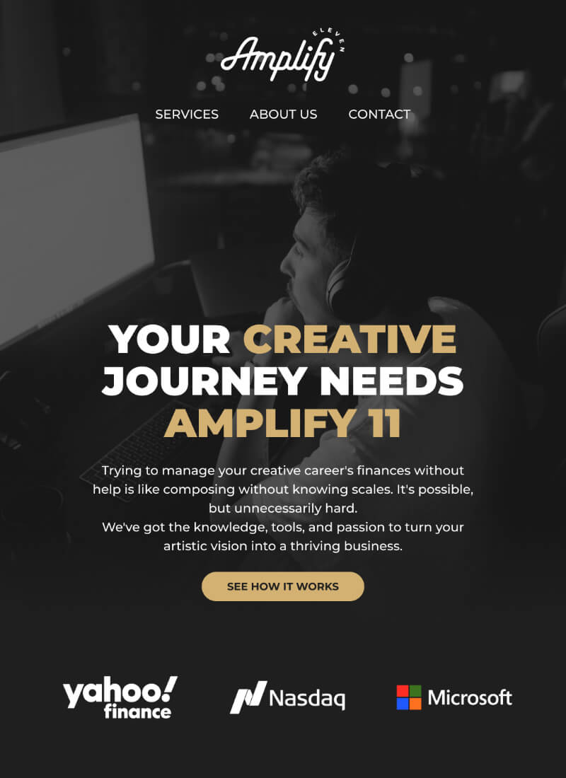 Promotional poster for Amplify 11 featuring a man at a computer, with sponsor logos like Yahoo Finance and Microsoft at the bottom.