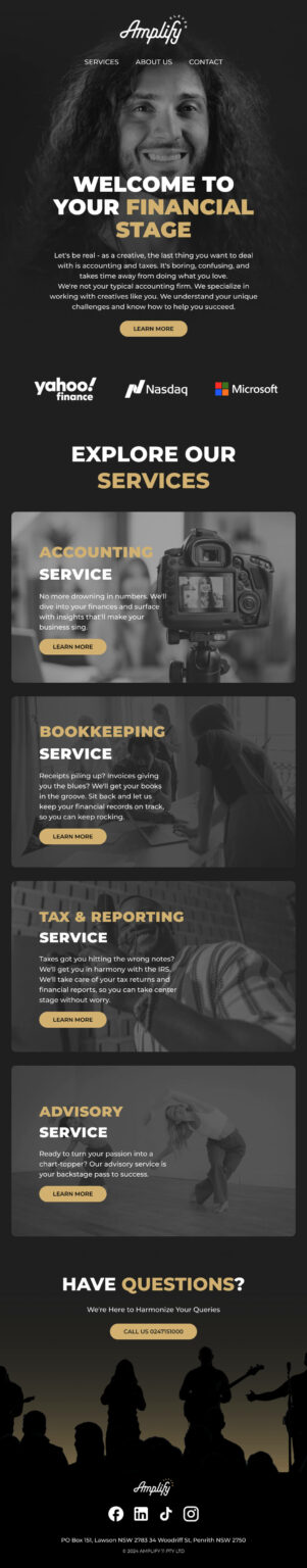 Black-themed financial services website featuring an accountant image, logos of partnering companies, and service descriptions for accounting, bookkeeping, tax reporting, and advisory services.