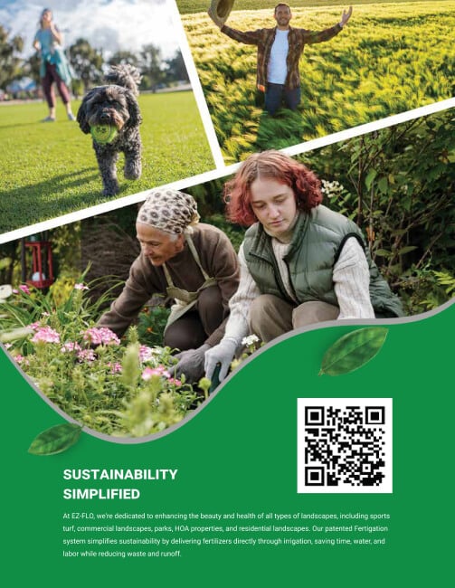 Collage: person on grass with dog, person on farm with arms raised, two people tending garden. Text: "SUSTAINABILITY SIMPLIFIED. Our patented Fertigation system simplifies sustainability." QR code included.