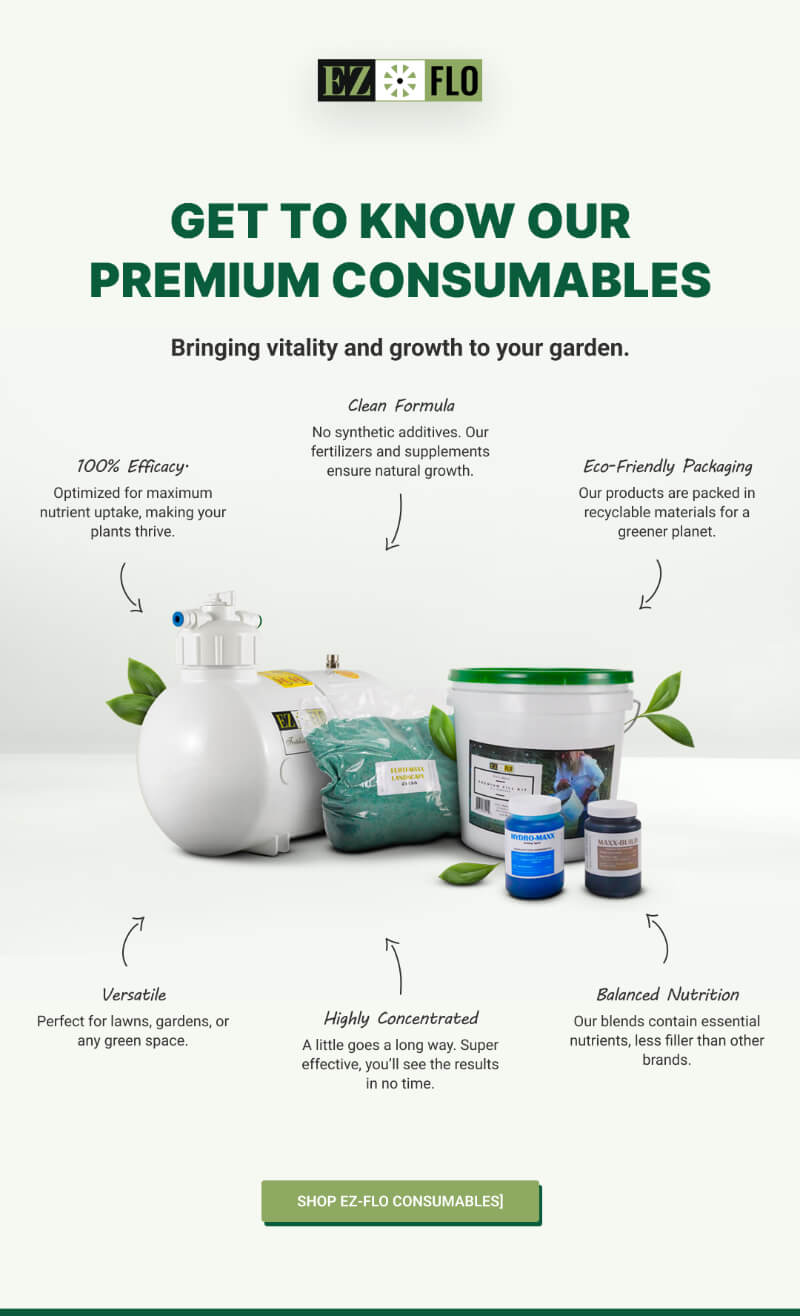 Advertisement for EZ FLO gardening products including a spray bottle, jars, and canisters with labels promoting clean, concentrated, and sustainable formulas for plant nutrition.