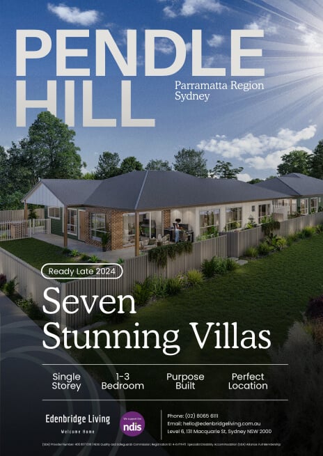 Advertisement featuring a single-story housing development named Pendle Hill in the Parramatta region, Sydney. It promotes seven villas with 1-3 bedrooms, purpose-built and scheduled for completion in late 2024.