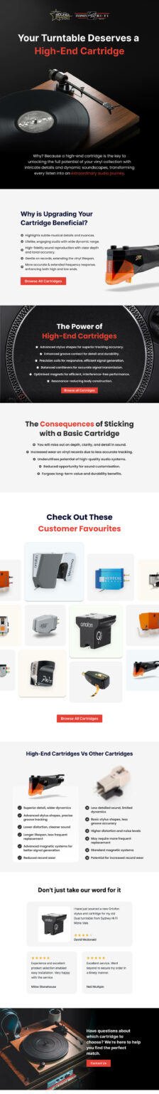Infographic highlighting the benefits of upgrading turntable cartridges, featuring images and descriptions of high-end cartridges, their advantages, and customer reviews.