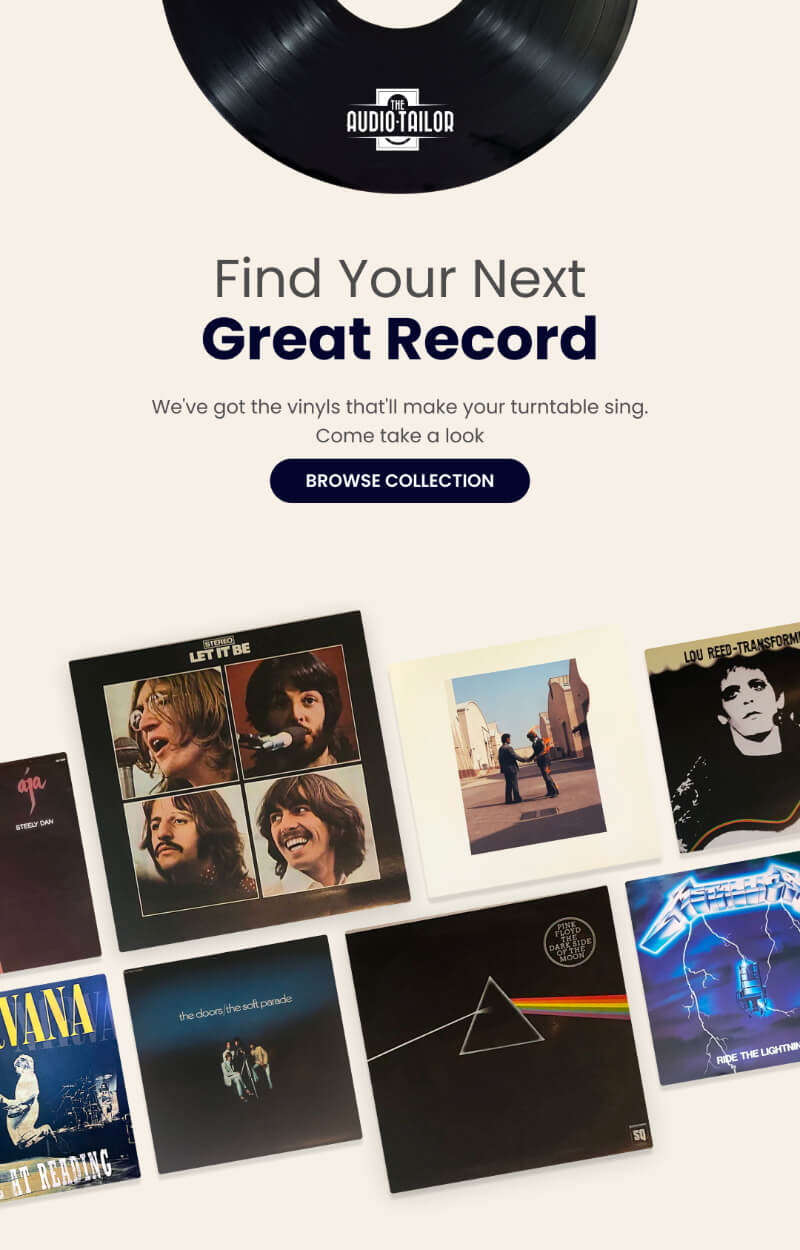 Promotional image for AudioTailor featuring the text "Great Record, We've got the vinyls" above a vinyl record, surrounded by various iconic album covers.