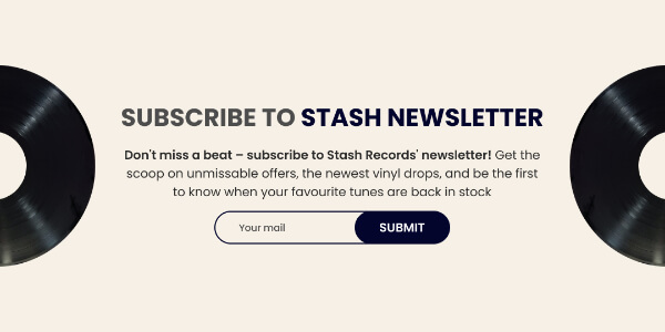 Two vinyl records flank a newsletter subscription invitation for Stash Records, featuring a text input for an email and a submit button.