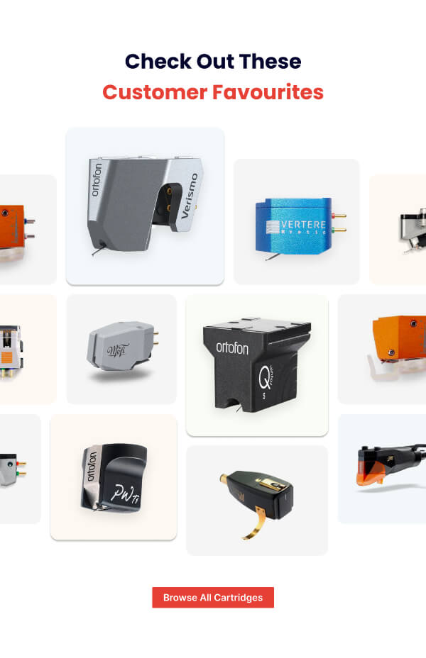 Promotional graphic displaying a variety of phonograph cartridges with text "Check Out These Customer Favourites" and a "Browse All Cartridges" button.
