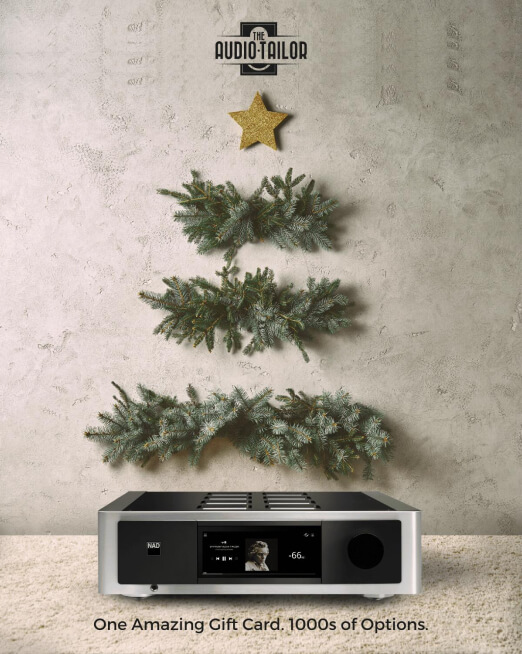 A stereo amplifier is placed in front of a concrete wall with pine branches arranged in a Christmas tree shape topped with a star. Text reads: "One Amazing Gift Card. 1000s of Options.