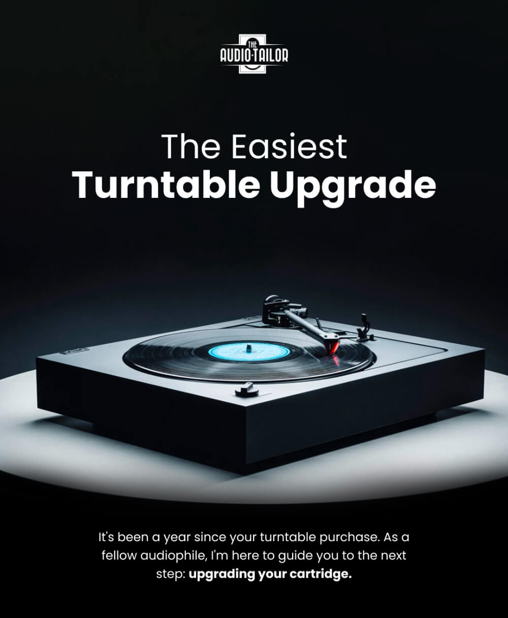 A record spinning on a modern turntable with the stylized text "The Easiest Turntable Upgrade" above it and promotional text below.