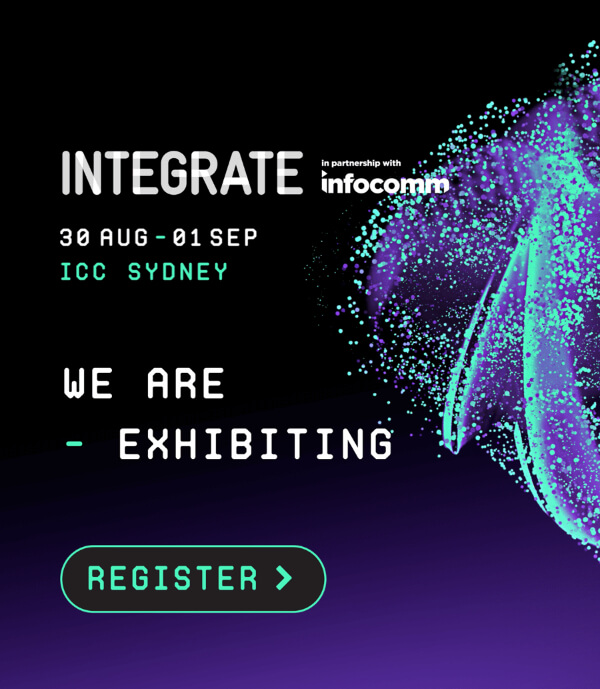 Promotional graphic for Integrate event, Sydney, featuring cosmic-themed design with "WE ARE EXHIBITING" and a "REGISTER" button.