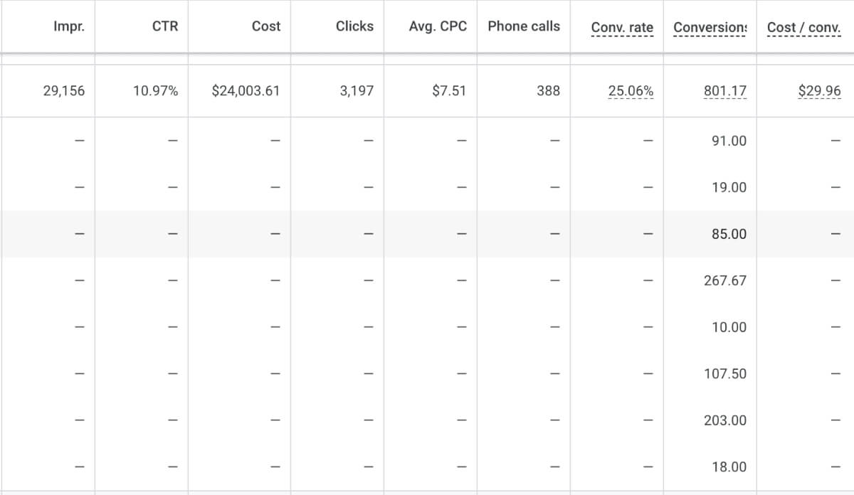 A table displays advertising metrics including impressions, CTR, cost, clicks, avg. CPC, phone calls, conversion rate, conversions, and cost per conversion. The top row shows 29,156 impressions with 25.06% conversion rate.