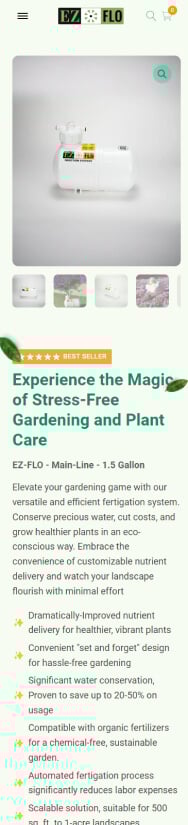 Vertical website banner promoting a "Stress-Free Gardening and Plant Care" service, featuring images of lush plants, gardening tools, and text describing service benefits like cost efficiency and water conservation.