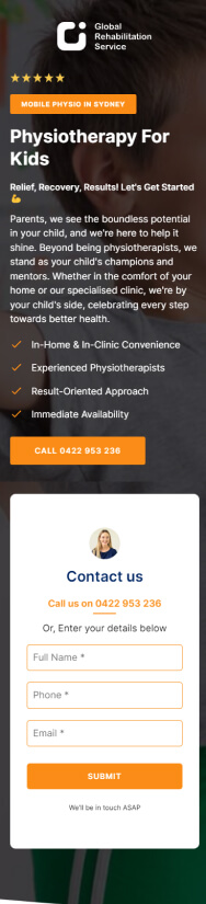 Vertical banner ad for Globe Health's Mobile Physiotherapy for Kids, including contact information, an image of a smiling woman, and a form to enter details.