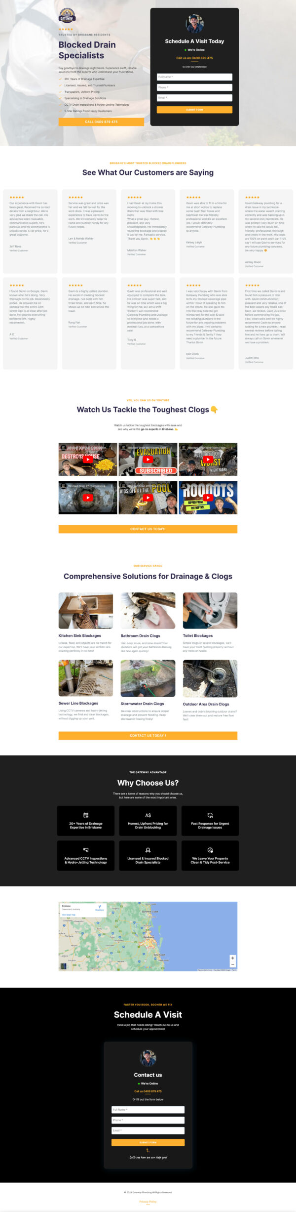 Webpage screenshot of a drain service company featuring customer testimonials, a video demonstration, various service options, and a contact map.