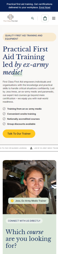 Banner image for a first aid training course featuring text about practical medical training led by ex-military professionals, and an image of a smiling woman wearing medical scrubs.