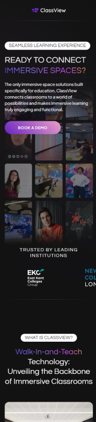 A vertical advertisement banner labeled "ClassView", promoting immersive space solutions for education, featuring diverse people using VR technology, with logos of trusted institutions at the bottom.