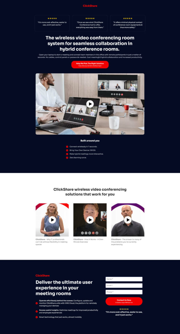 A webpage design for "ClickShare" featuring a top banner with a video conferencing image, followed by product options and a customer service section.