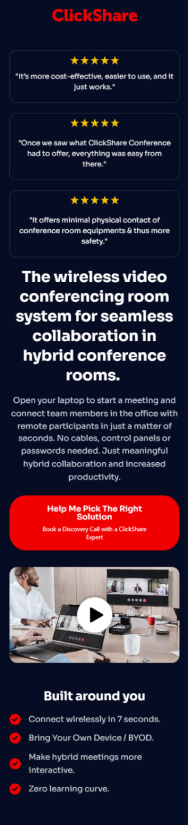 Promotional infographic for a wireless video conferencing system, featuring text descriptions, icons about easy integration, and images of the product in use in a modern office setting.