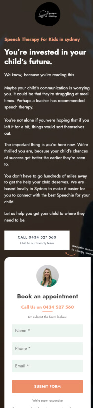 Promotional vertical banner for child speech therapy services, featuring text, a contact form, and a smiling female therapist's photo.