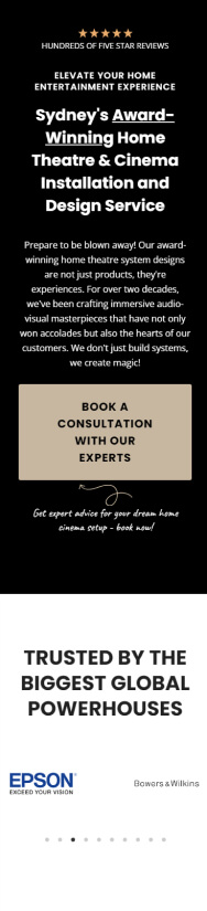 An advertisement for a home entertainment and cinema installation service with five-star reviews, featuring consultation details and logos of Epson and other brands.