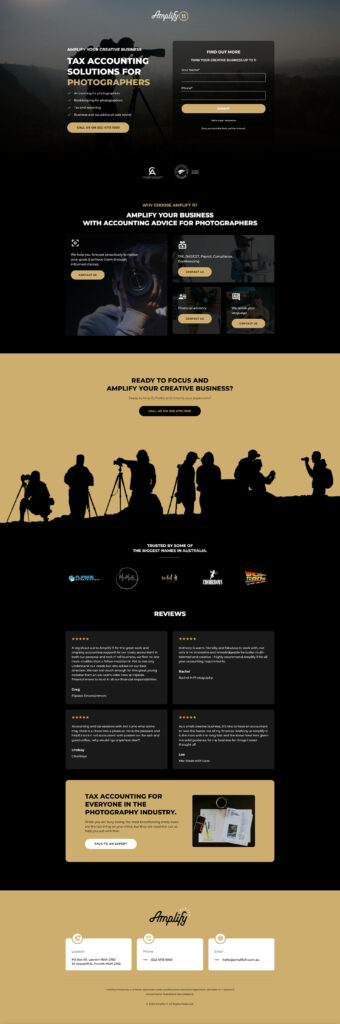 Web page design mockup for "Amplify," a tax accounting service for photographers, featuring a top navigation bar, informational sections, testimonials, and a contact form, all in a black and yellow theme.