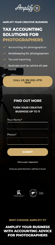 Banner for Amplify 11 showcasing tax and accounting services for photographers, featuring contact information and business hours.