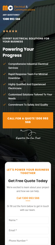 Vertical banner for MYE Electrical & Instrumentation, advertising industrial electrical services with a contact form at the bottom for a free quote.