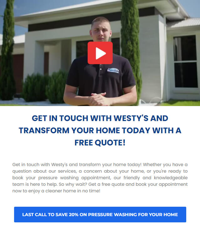 A screenshot of a promotional video with a man standing in front of a house, featuring a banner offering home transformation services and a discount on pressure washing.