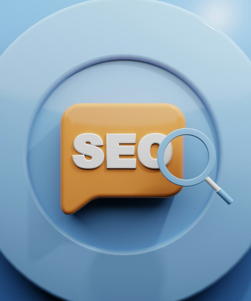 An illustration of a yellow speech bubble featuring "SEO" and a magnifying glass, capturing the challenges faced by Australian digital marketers, set against a blue circular background.