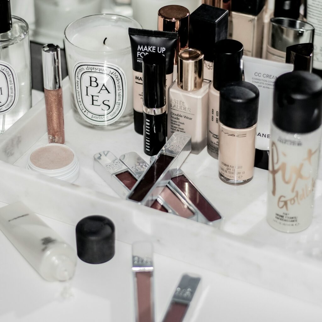 A tray of Sephora Collection makeup products on a white countertop.