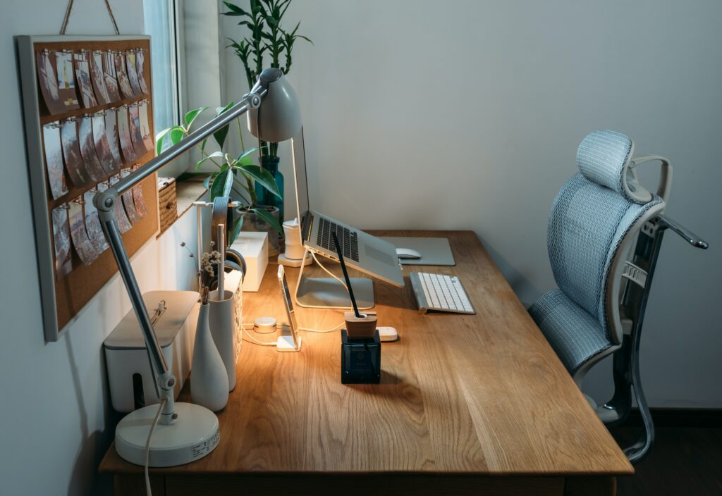 Essentials for a home office: A desk with a computer and a plant on it.