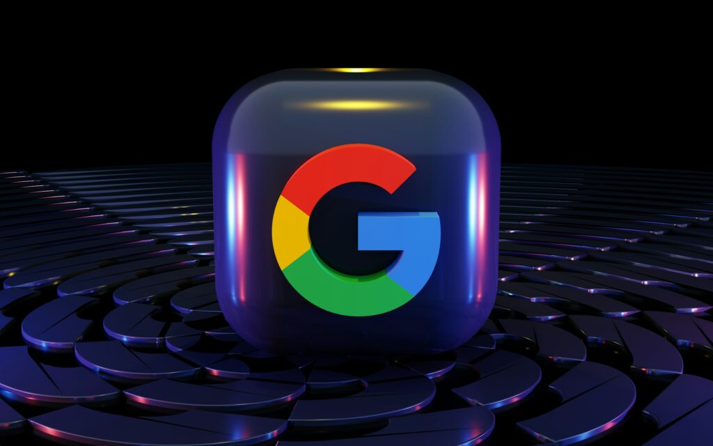 3d Google Docs logo on a reflective surface with a dark background.