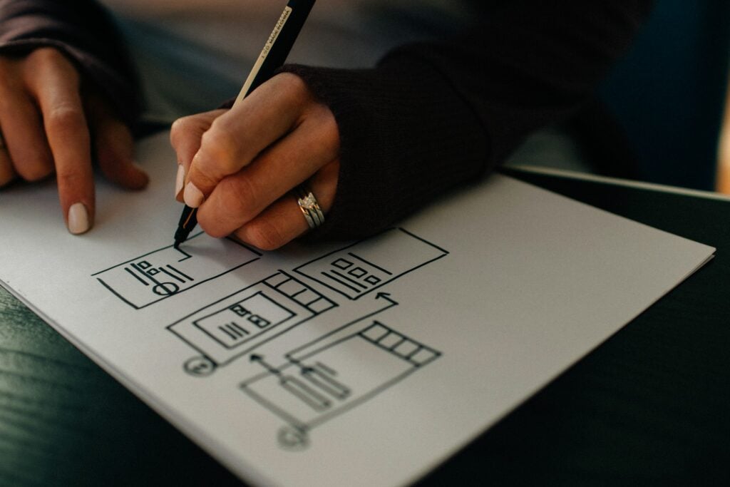 A Person Drawing A Workflow Chart On A Piece Of Paper, Streamlining For Maximum Efficiency.