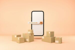 A smartphone stands upright displaying a search bar icon, surrounded by several cardboard boxes on a peach background, hinting at the convenience of managing your online purchases. Perhaps you're wondering how to delete a payment method on Amazon amidst this setting?